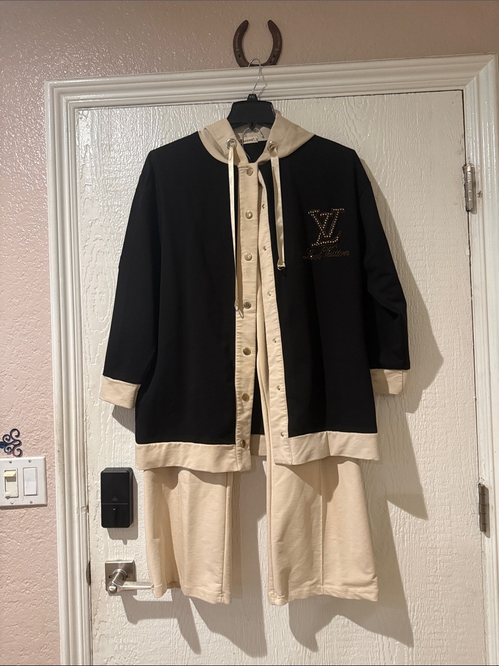 Black & Cream Hooded Snap-Front Jacket